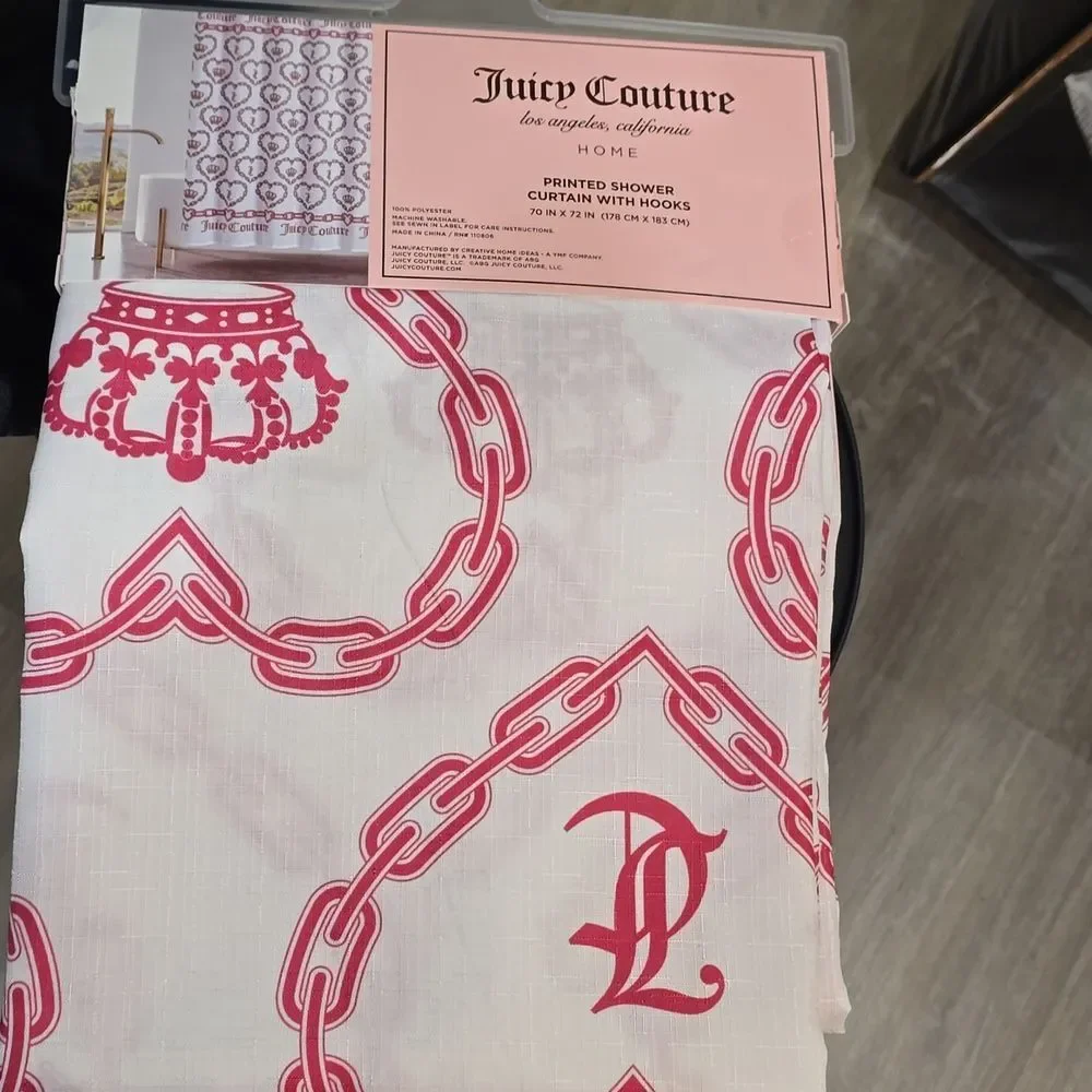 Juicy Couture Home Heart & Chain Logo Pattern Shower Curtain w/Hooks